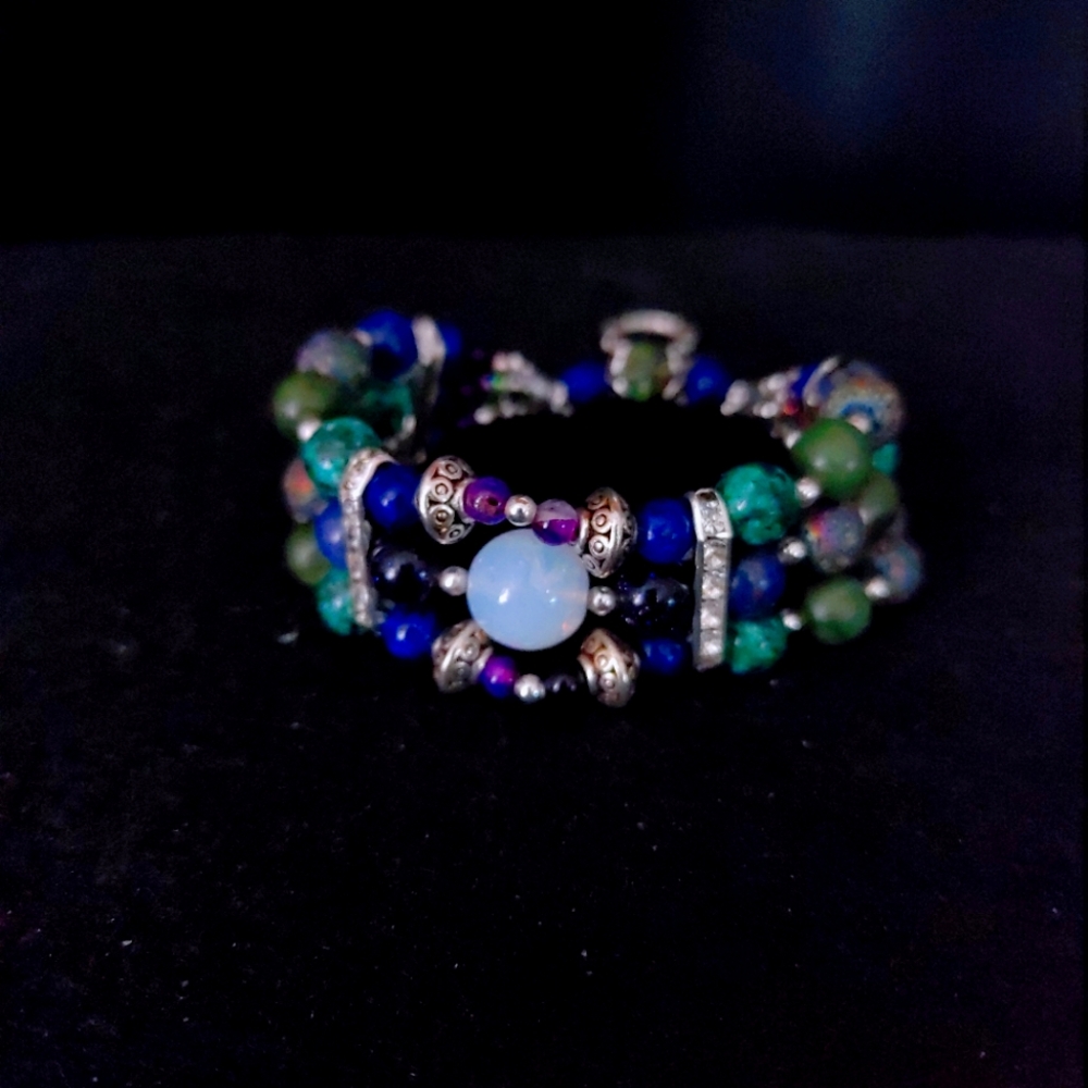 SOLD - 3 strand Natural Stone Stretch Bracelet with Charm Loop - 7 1/2 inch